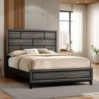 Mazie Queen Bed, Brick Style Headboard, Black Tapered Legs, Oak Gray Wood - BM301394