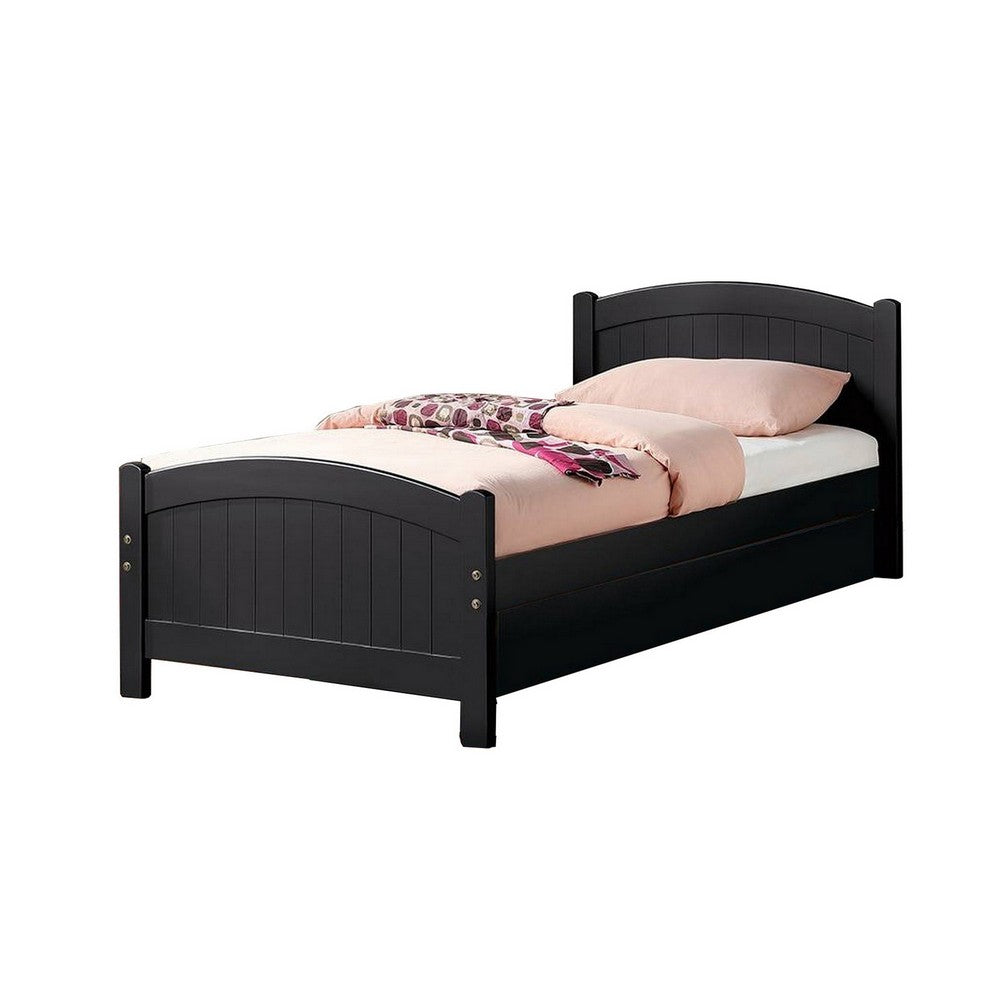 Shov Twin Size Trundle Bed, Arched Headboard, Vertical Accents, Black Wood - BM301415