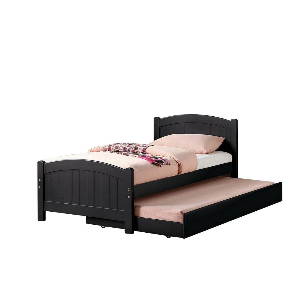 Shov Twin Size Trundle Bed, Arched Headboard, Vertical Accents, Black Wood - BM301415