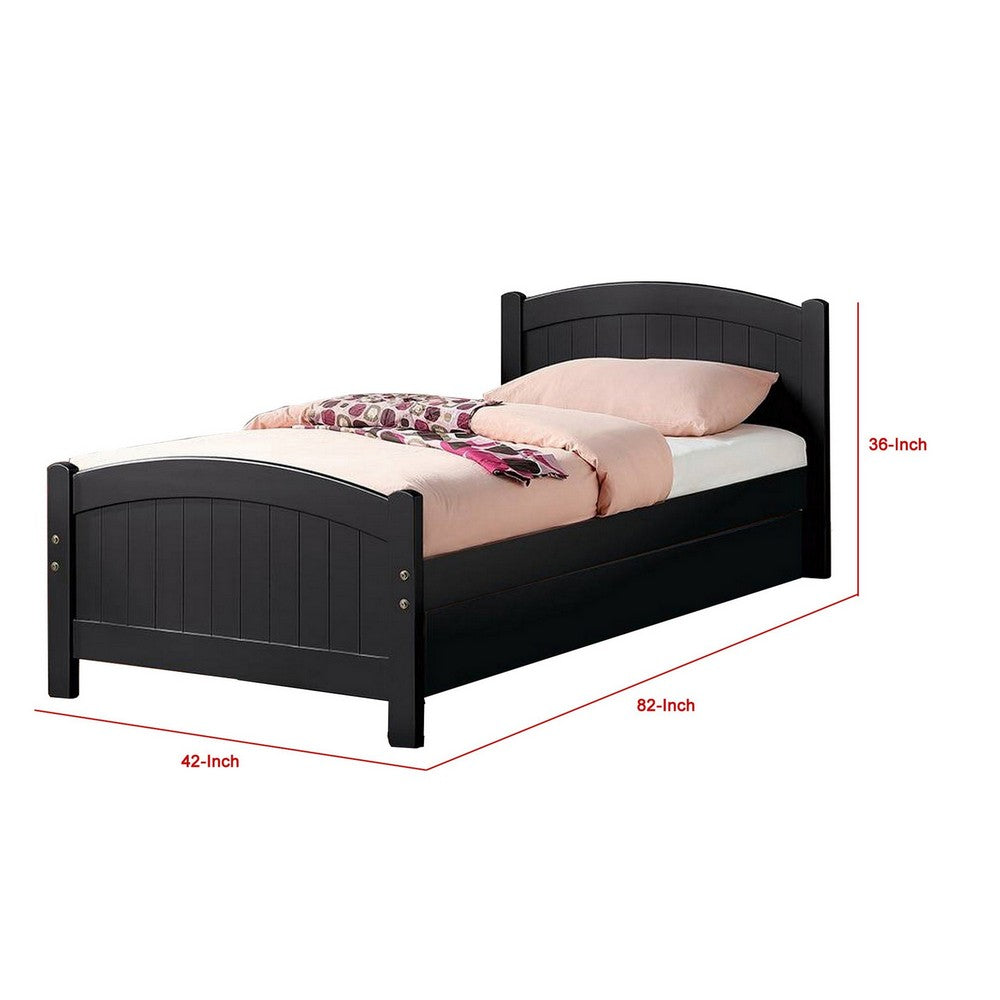 Shov Twin Size Trundle Bed, Arched Headboard, Vertical Accents, Black Wood - BM301415