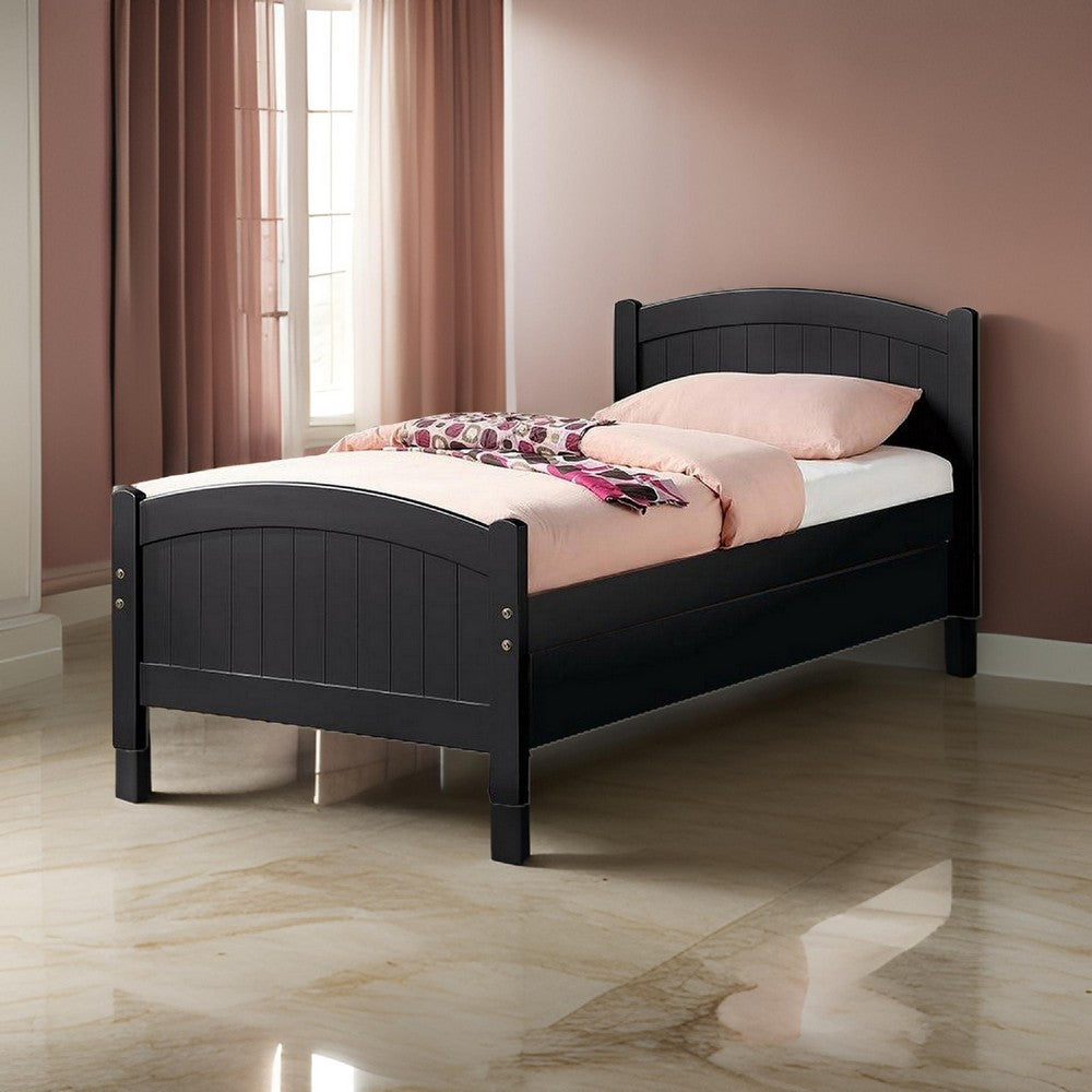 Shov Twin Size Trundle Bed, Arched Headboard, Vertical Accents, Black Wood - BM301415