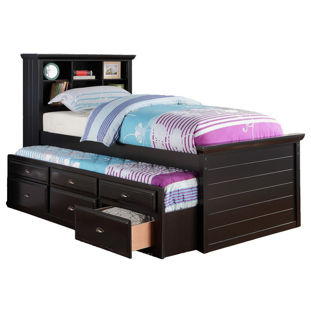Toni Twin Size Trundle Bed with 6 Drawers, Bookcase Headboard, Black Wood - BM301417