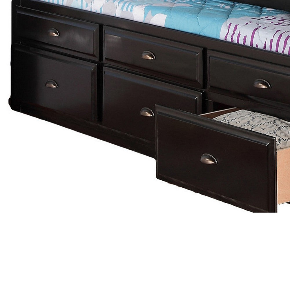 Toni Twin Size Trundle Bed with 6 Drawers, Bookcase Headboard, Black Wood - BM301417