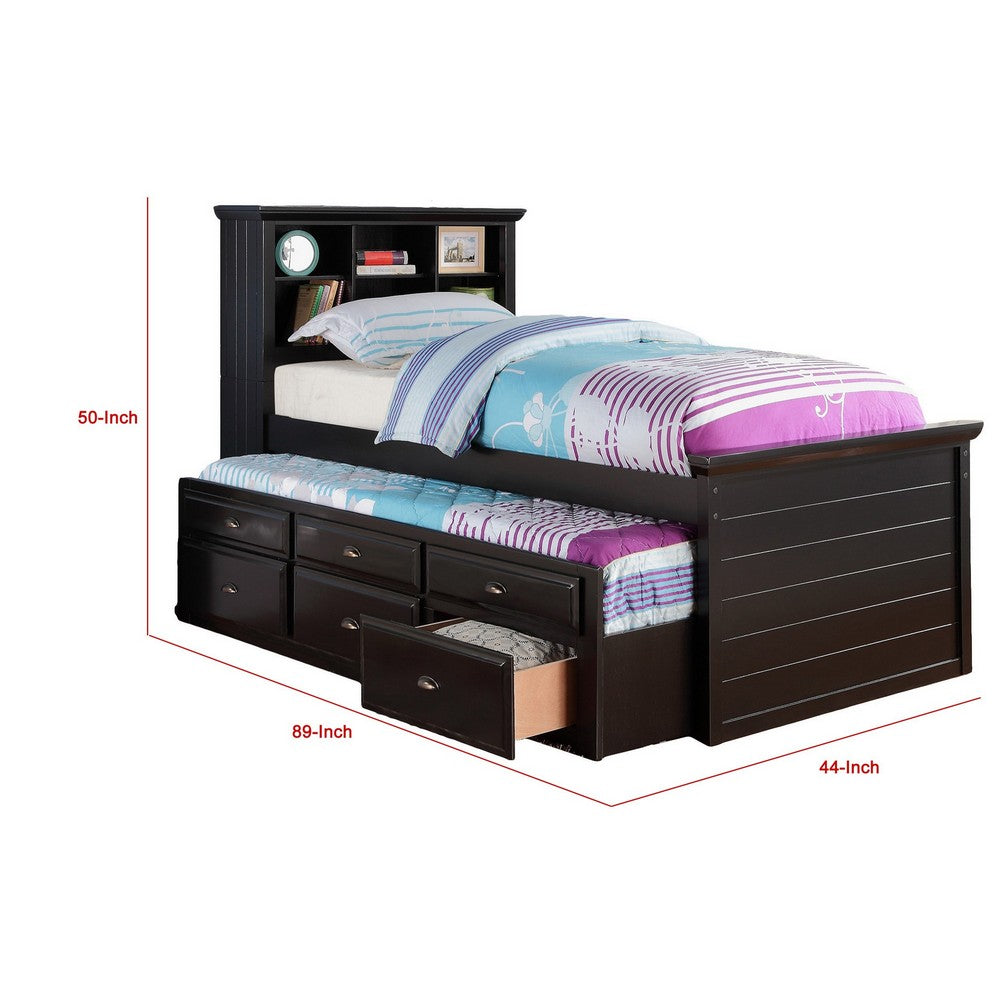 Toni Twin Size Trundle Bed with 6 Drawers, Bookcase Headboard, Black Wood - BM301417
