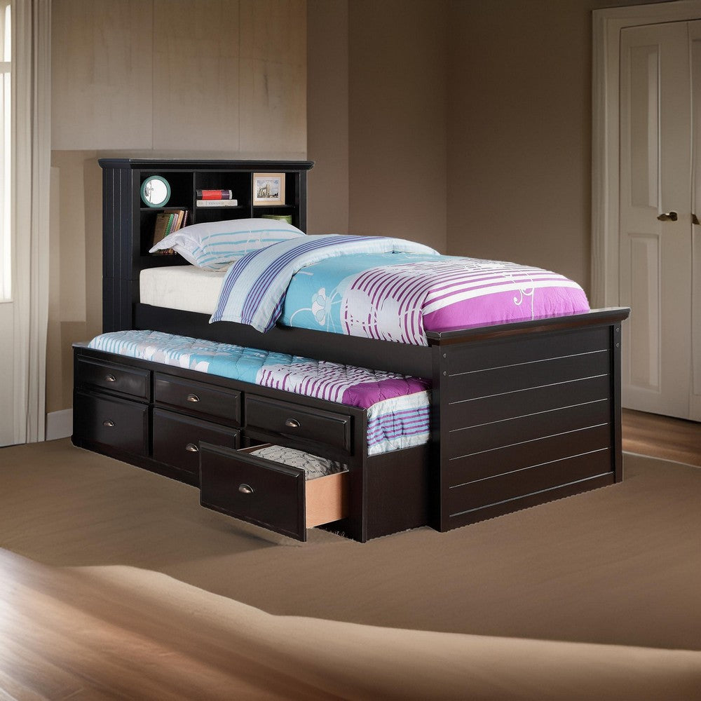 Toni Twin Size Trundle Bed with 6 Drawers, Bookcase Headboard, Black Wood - BM301417