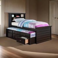 Toni Twin Size Trundle Bed with 6 Drawers, Bookcase Headboard, Black Wood - BM301417