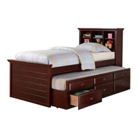 Toni Twin Size Trundle Bed with 6 Drawers, Bookcase Headboard, Brown Wood - BM301418