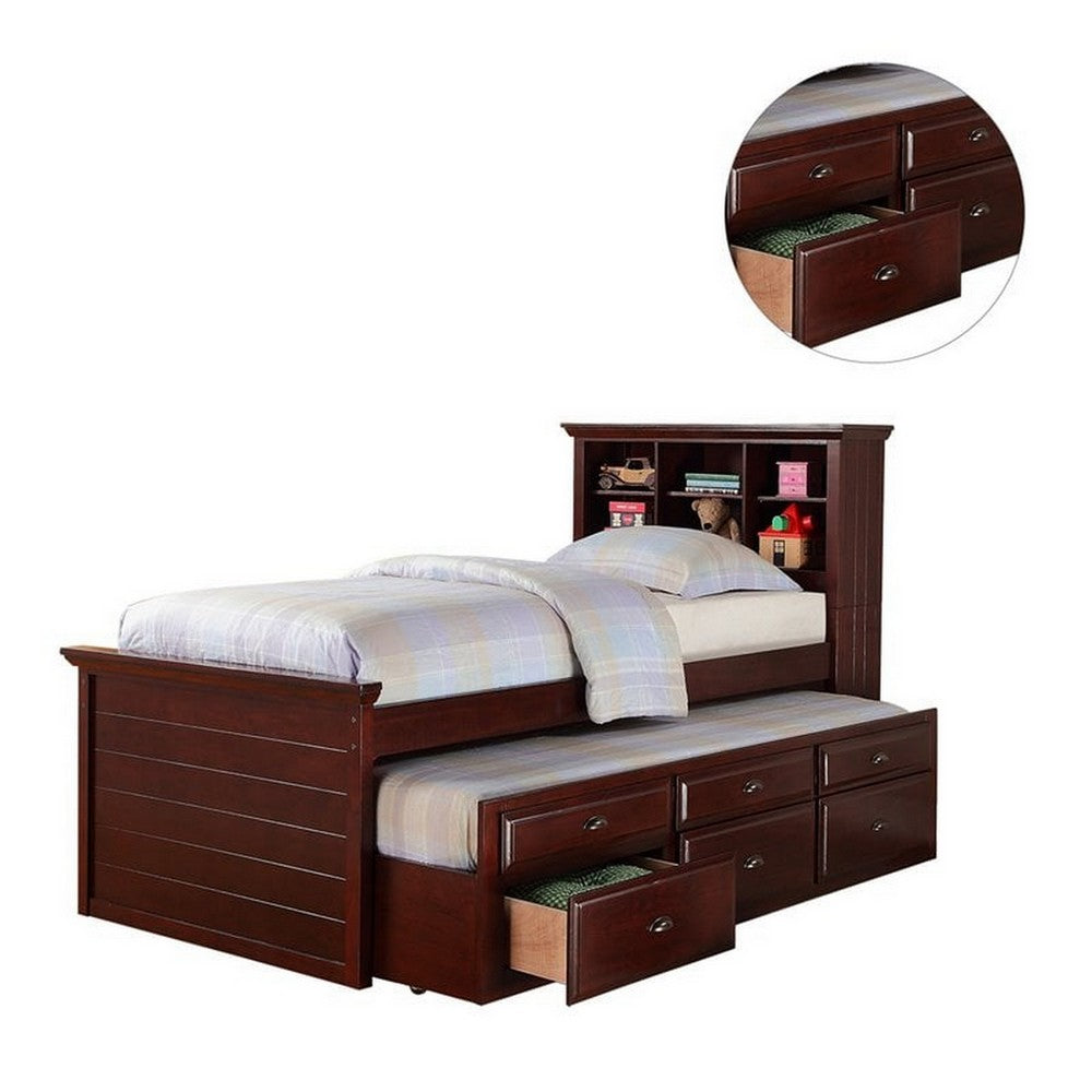 Toni Twin Size Trundle Bed with 6 Drawers, Bookcase Headboard, Brown Wood - BM301418
