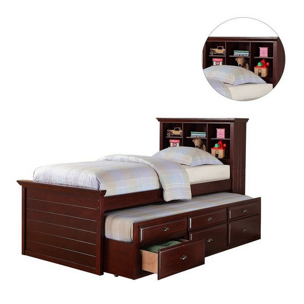Toni Twin Size Trundle Bed with 6 Drawers, Bookcase Headboard, Brown Wood - BM301418