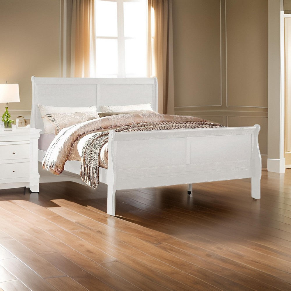 Nin King Size Sleigh Bed, Minimalist Style Headboard, Classic White Wood - BM301421