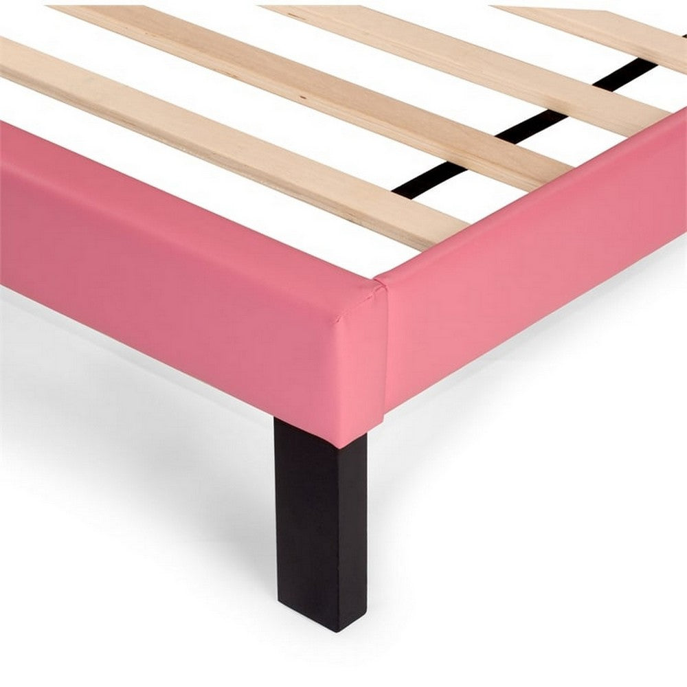 Modern Twin Size Bed, Upholstered Headboard, Metal Legs, Pink Faux Leather - BM301424