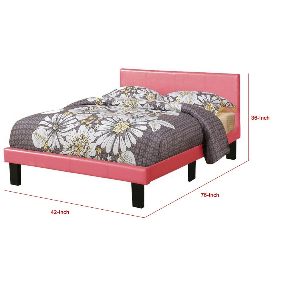 Modern Twin Size Bed, Upholstered Headboard, Metal Legs, Pink Faux Leather - BM301424