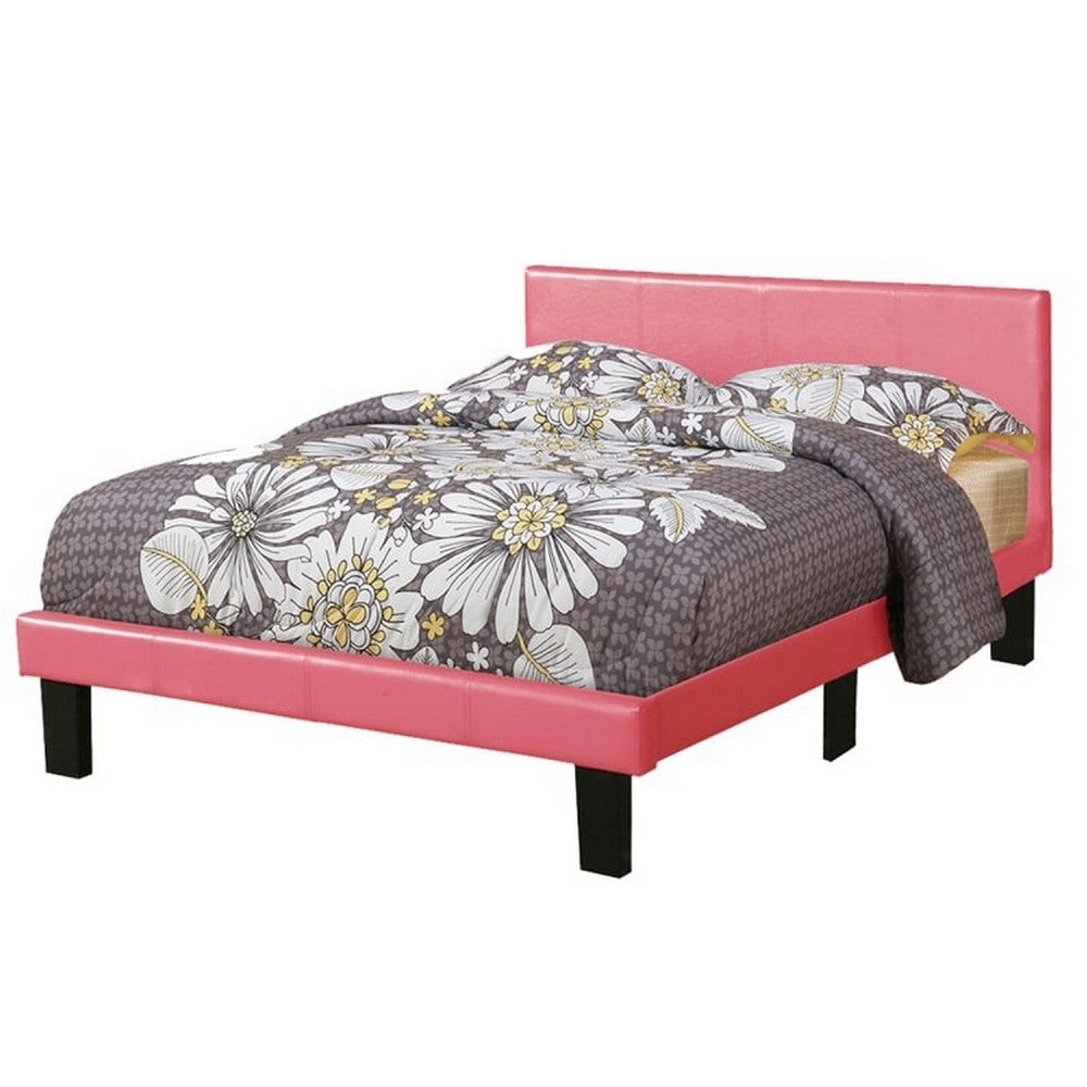 Modern Twin Size Bed, Upholstered Headboard, Metal Legs, Pink Faux Leather - BM301424