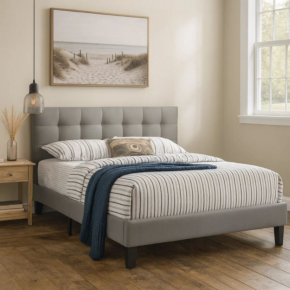Dex Modern Platform Queen Size Bed, Square Tufted Upholstery, Light Gray - BM301432