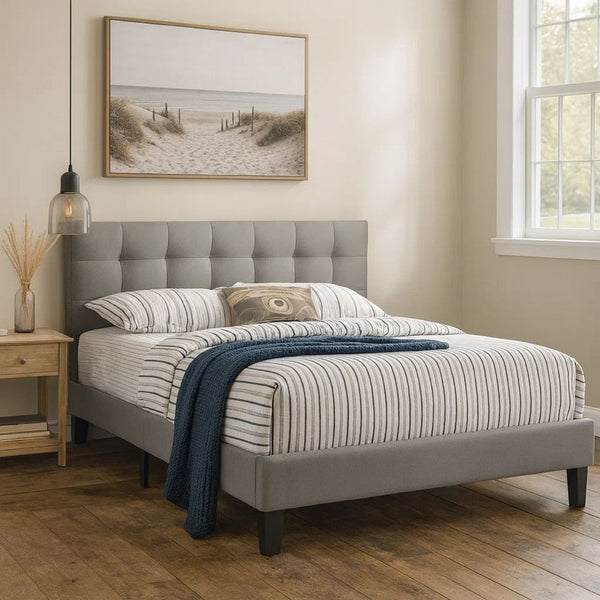 Dex Modern Platform Queen Size Bed, Square Tufted Upholstery, Light Gray - BM301432