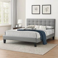 Dex Modern Platform Queen Size Bed, Square Tufted Upholstery, Light Gray - BM301432