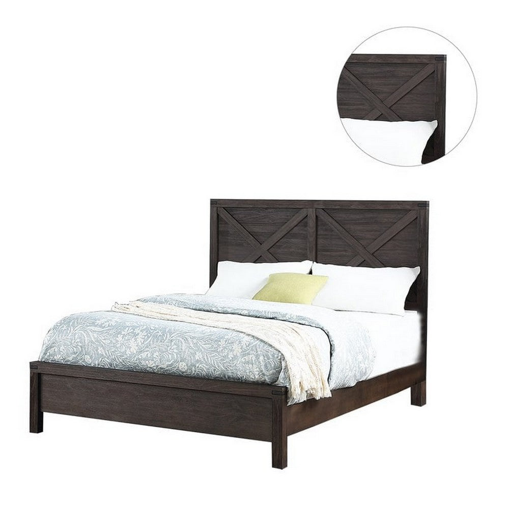 Yale Platform Queen Size Bed, Crossed Accent Panel, Dark Walnut Brown - BM301449