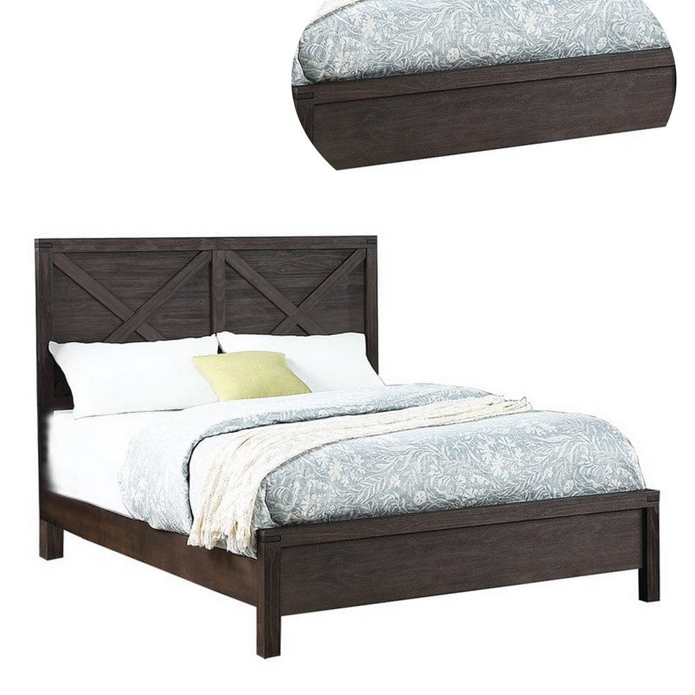 Yale Platform Queen Size Bed, Crossed Accent Panel, Dark Walnut Brown - BM301449
