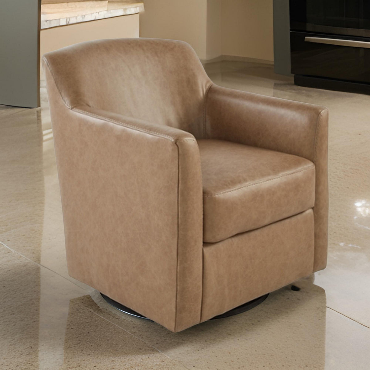 32 Inch Plush Swivel Accent Chair with Shelter Style Armrests, Faux Leather  - BM302046