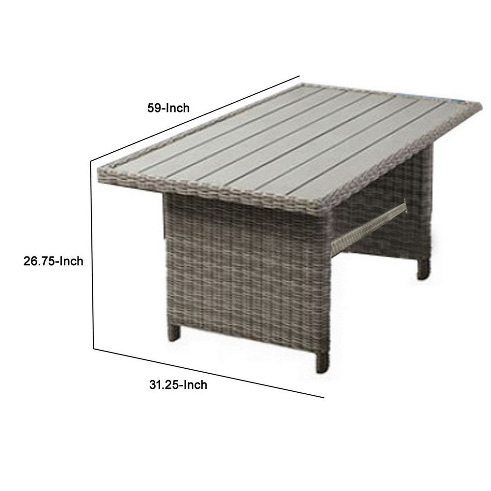 59 Inch Outdoor Aluminum Dining Table, Gray Faux Wicker, Slatted Surface - BM302141