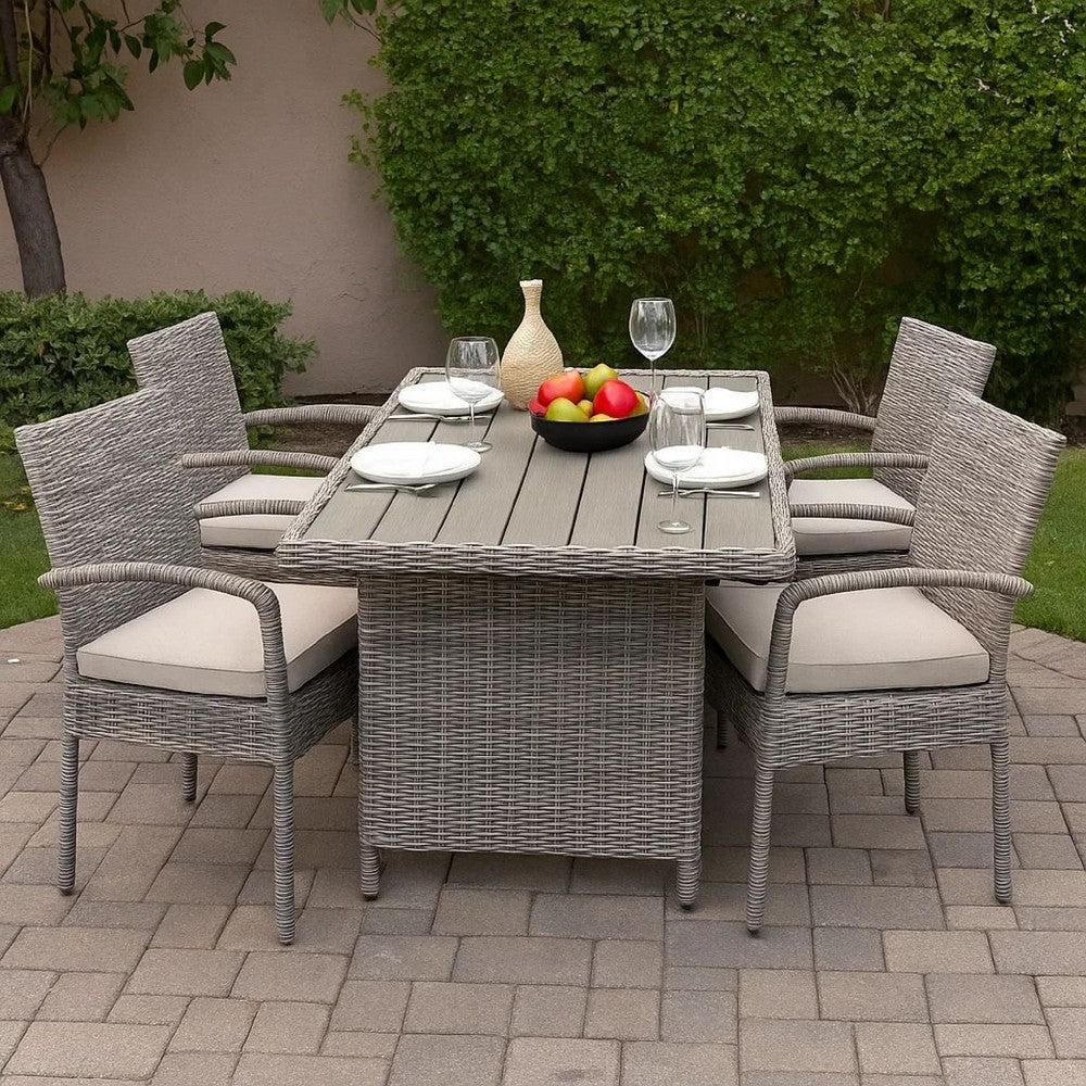 59 Inch Outdoor Aluminum Dining Table, Gray Faux Wicker, Slatted Surface - BM302141