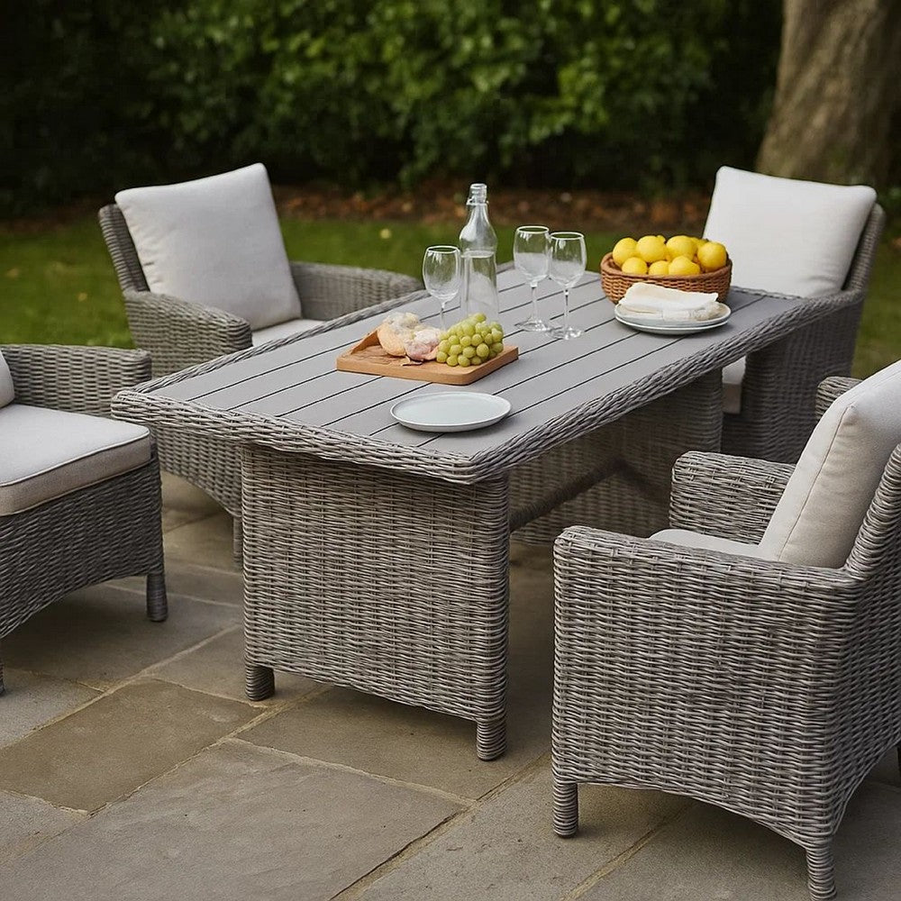 59 Inch Outdoor Aluminum Dining Table, Gray Faux Wicker, Slatted Surface - BM302141