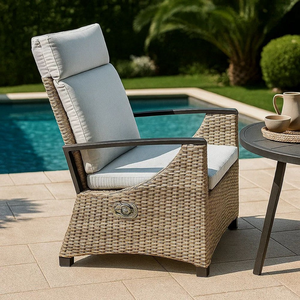 Foca 26 Inch Outdoor Dining Armchair, Faux Wicker, Gray, Tufted Backrest - BM302144