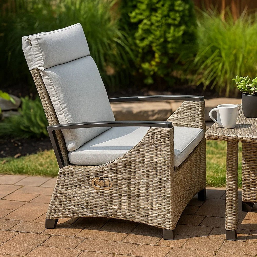 Foca 26 Inch Outdoor Dining Armchair, Faux Wicker, Gray, Tufted Backrest - BM302144