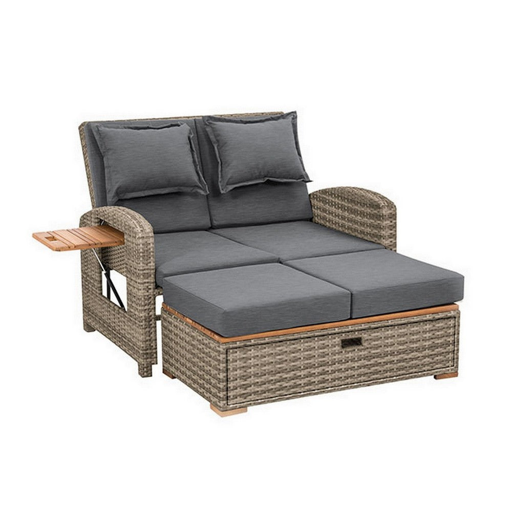 2 Piece Outdoor Chaise Lounger and Bench, Gray Fabric, Wicker, Adjustable - BM302147