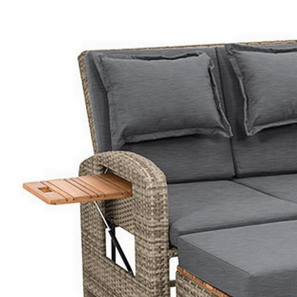 2 Piece Outdoor Chaise Lounger and Bench, Gray Fabric, Wicker, Adjustable - BM302147