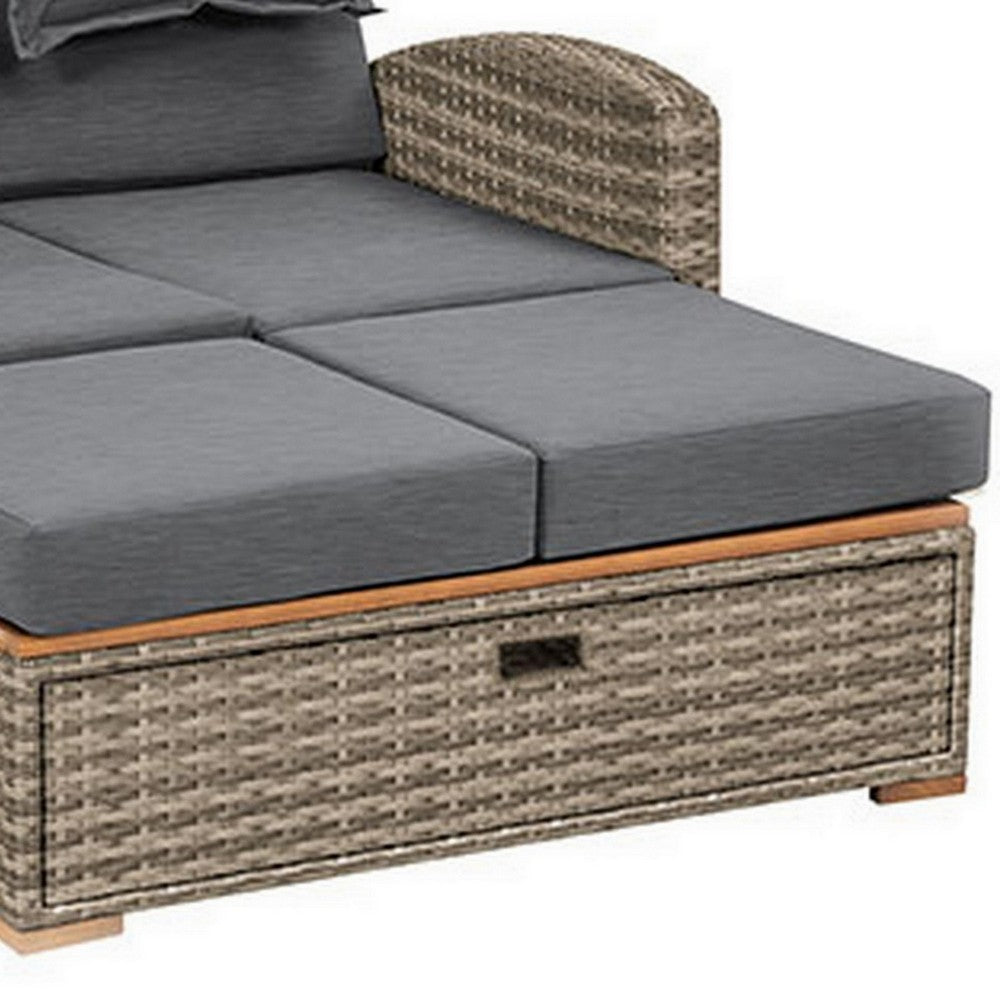 2 Piece Outdoor Chaise Lounger and Bench, Gray Fabric, Wicker, Adjustable - BM302147