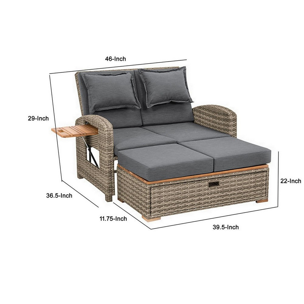 2 Piece Outdoor Chaise Lounger and Bench, Gray Fabric, Wicker, Adjustable - BM302147