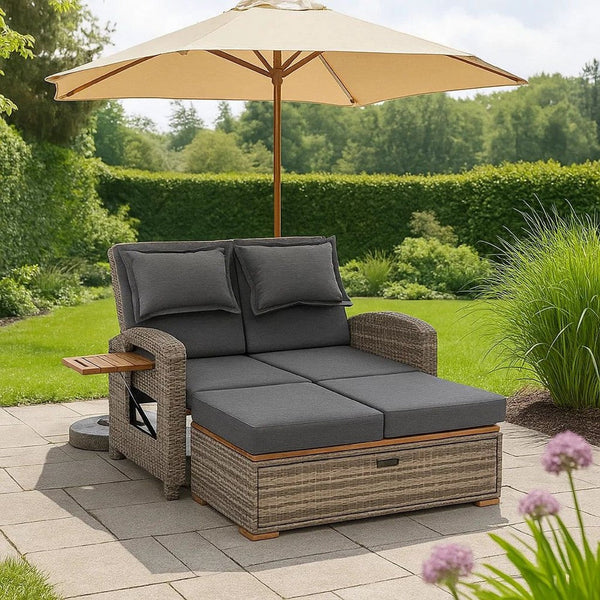 2 Piece Outdoor Chaise Lounger and Bench, Gray Fabric, Wicker, Adjustable - BM302147