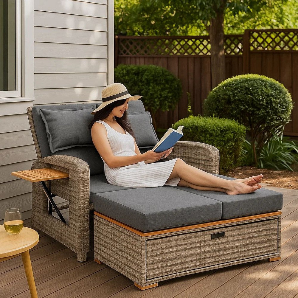 2 Piece Outdoor Chaise Lounger and Bench, Gray Fabric, Wicker, Adjustable - BM302147