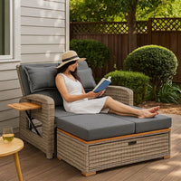 2 Piece Outdoor Chaise Lounger and Bench, Gray Fabric, Wicker, Adjustable - BM302147