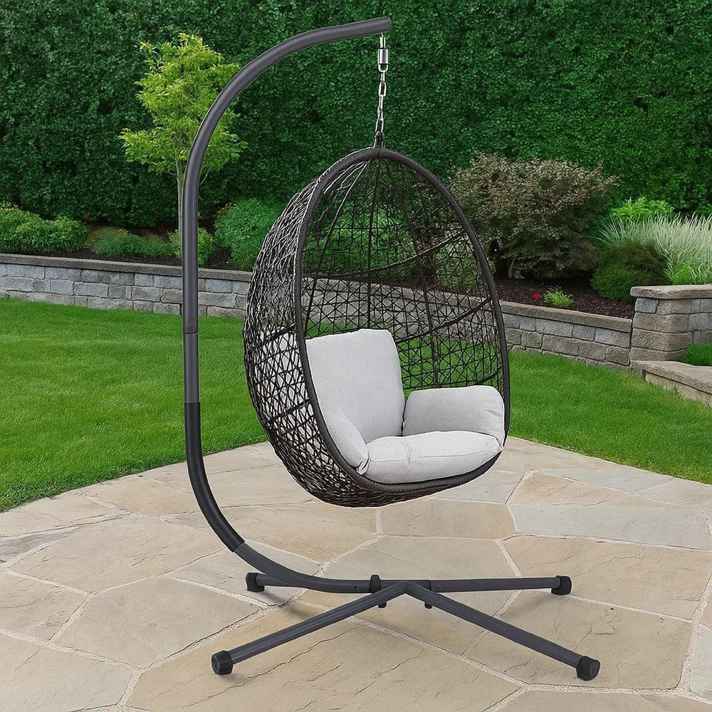 76 Inch Outdoor Swinging Chair Stand, Bold Black Steel, 4 Legged Base - BM302148