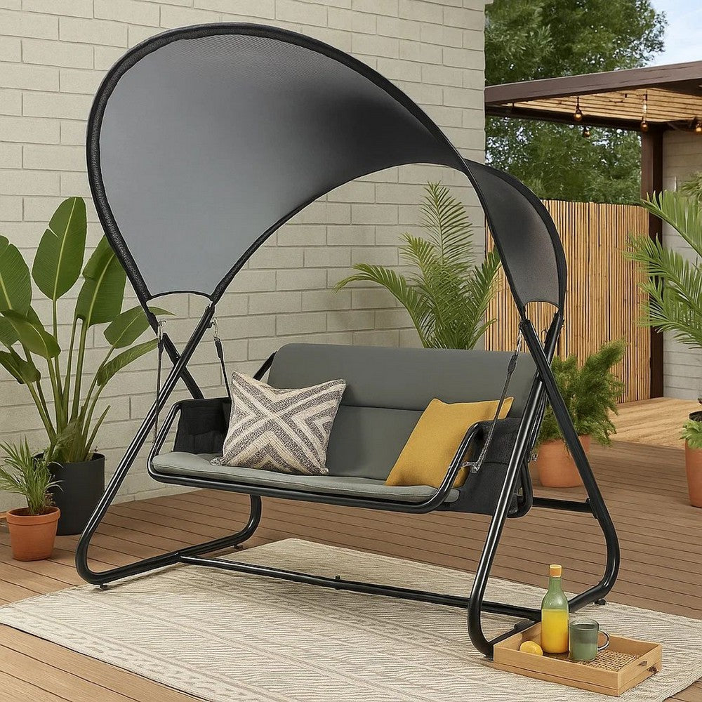 66 Inch Outdoor Swing Chair, Double Hanging, Sturdy Steel Frame, Black  - BM302149