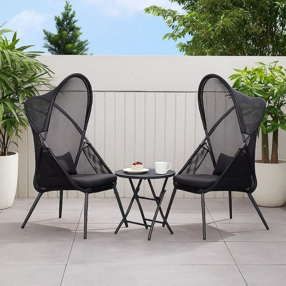 34 Inch Outdoor Foldable Chair, Set of 2, Black Fabric Seat, Steel Frame - BM302150