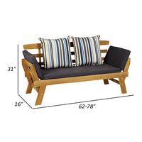 62-78 Inch Outdoor Convertible Sofa Daybed, Gray Fabric, Wood Frame, Brown - BM302152