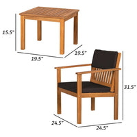 3 Piece Outdoor Patio Table and Chair Set, Black Cushions, Brown - BM302154