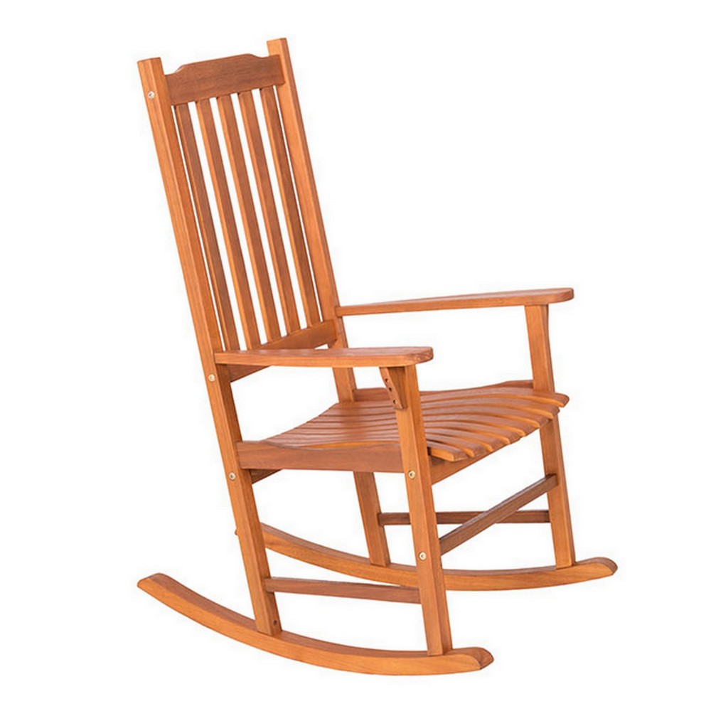 33 Inch Outdoor Rocking Chair, Natural Brown Wood, Slatted, Wide Armrests - BM302155