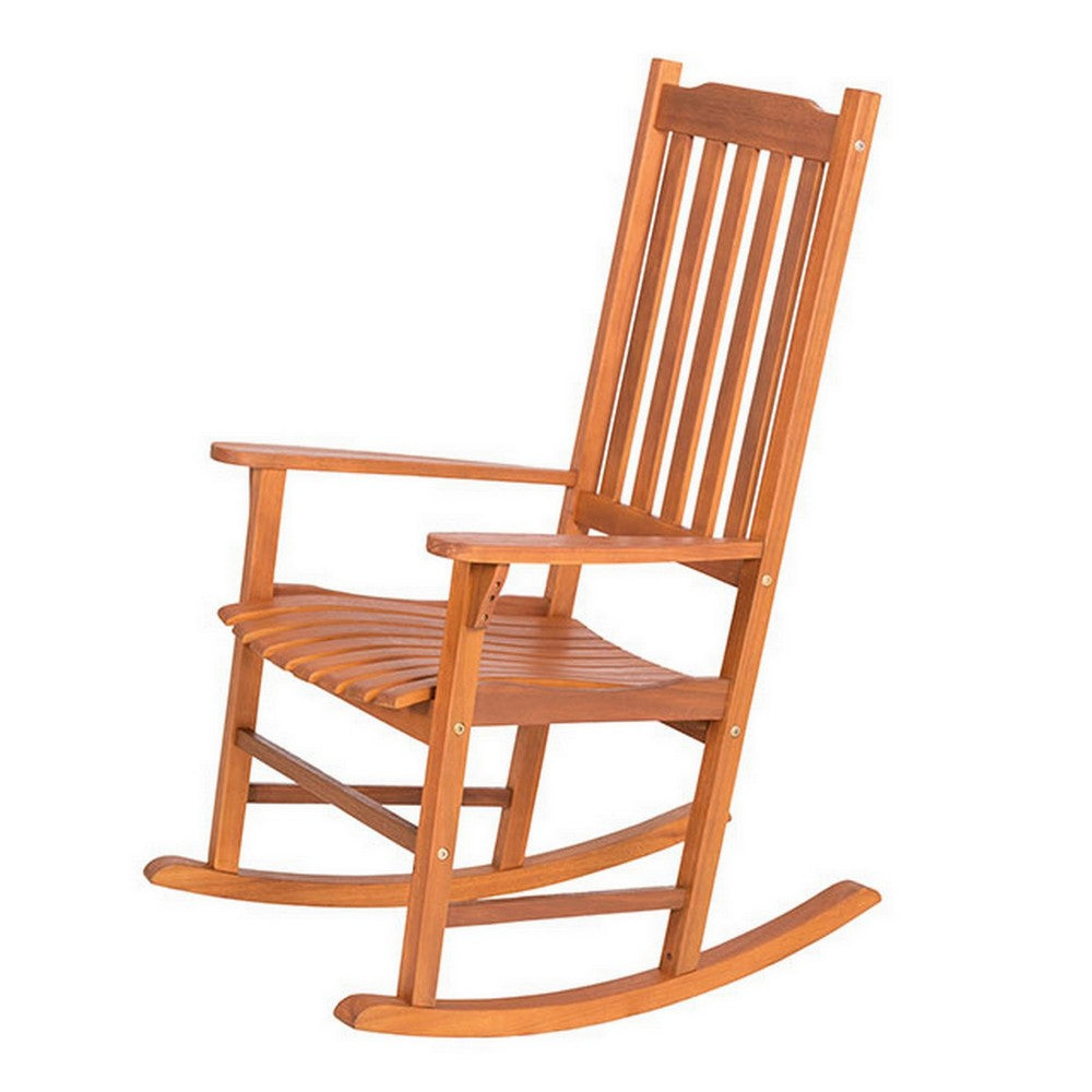 33 Inch Outdoor Rocking Chair, Natural Brown Wood, Slatted, Wide Armrests - BM302155