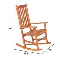 33 Inch Outdoor Rocking Chair, Natural Brown Wood, Slatted, Wide Armrests - BM302155