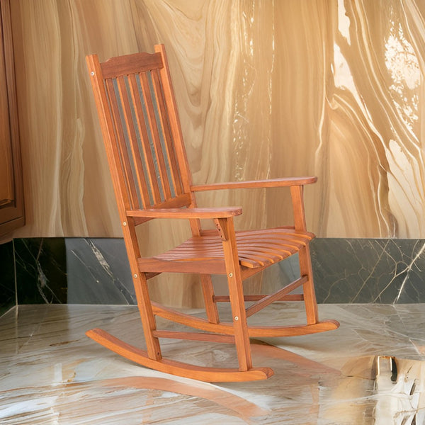 33 Inch Outdoor Rocking Chair, Natural Brown Wood, Slatted, Wide Armrests - BM302155
