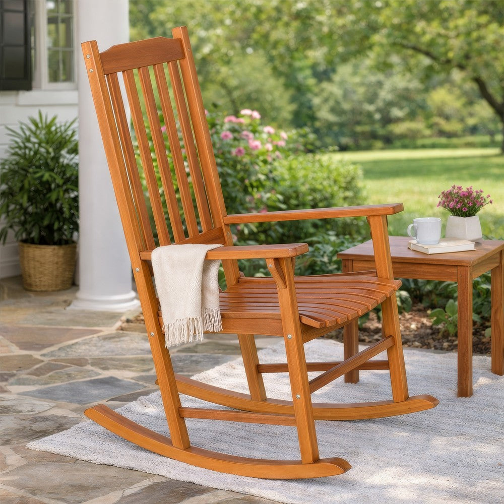 33 Inch Outdoor Rocking Chair, Natural Brown Wood, Slatted, Wide Armrests - BM302155