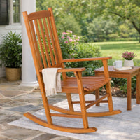 33 Inch Outdoor Rocking Chair, Natural Brown Wood, Slatted, Wide Armrests - BM302155