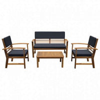 4 Piece Outdoor Patio Table, Loveseat, and Chairs Set, Blue, Brown Wood - BM302156