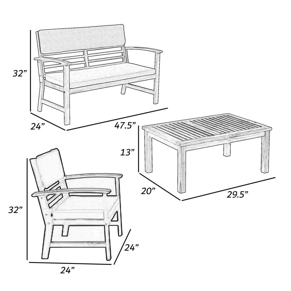 4 Piece Outdoor Patio Table, Loveseat, and Chairs Set, Blue, Brown Wood - BM302156