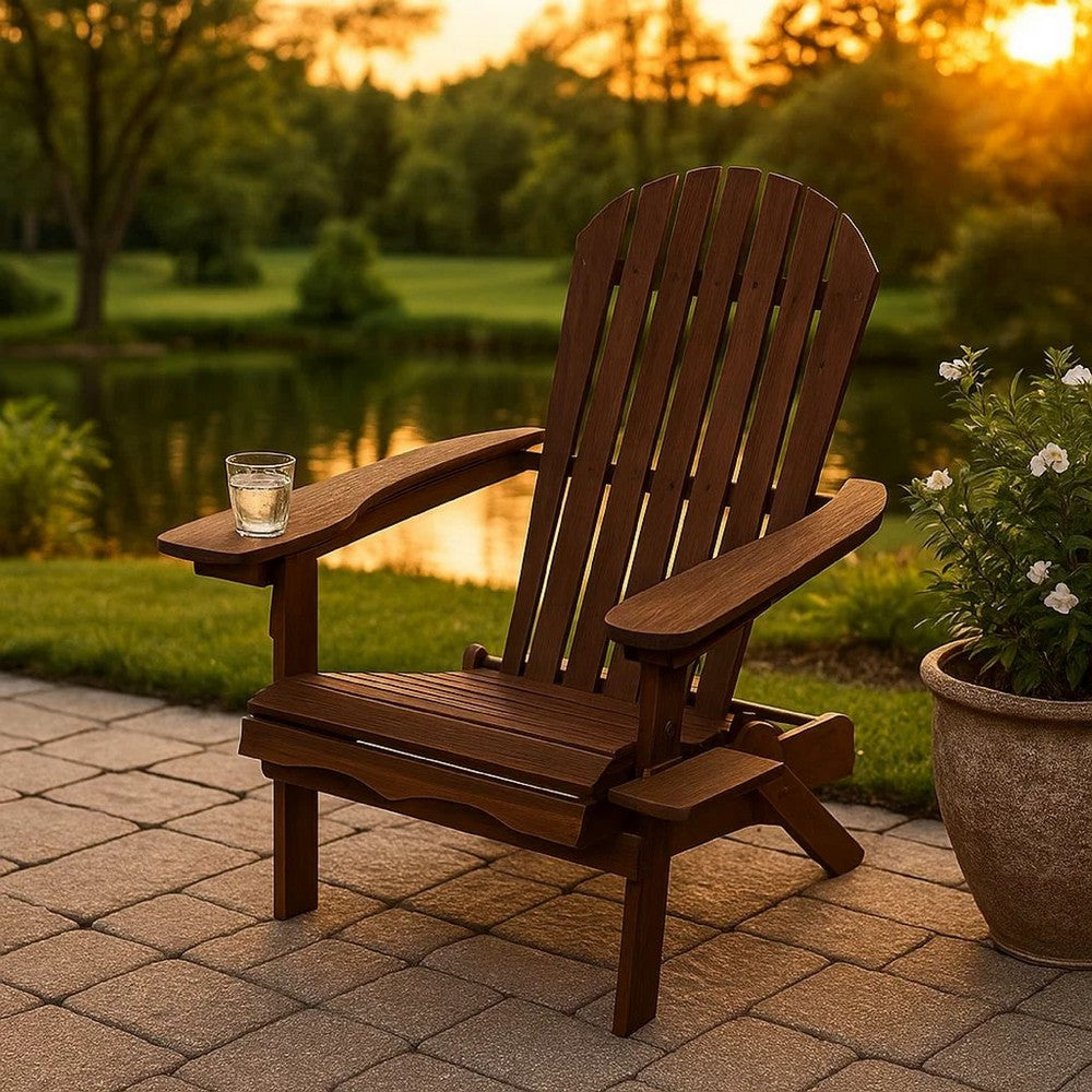 34 Inch Outdoor Adirondack Chair, Dark Brown Wood, Wide Armrests - BM302157