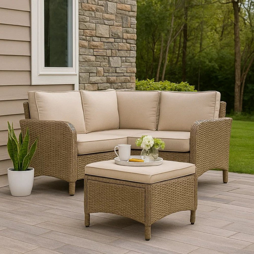 Ankia 21 Inch Outdoor Square Ottoman, Set of 2, Beige Fabric, Faux Wicker - BM302160